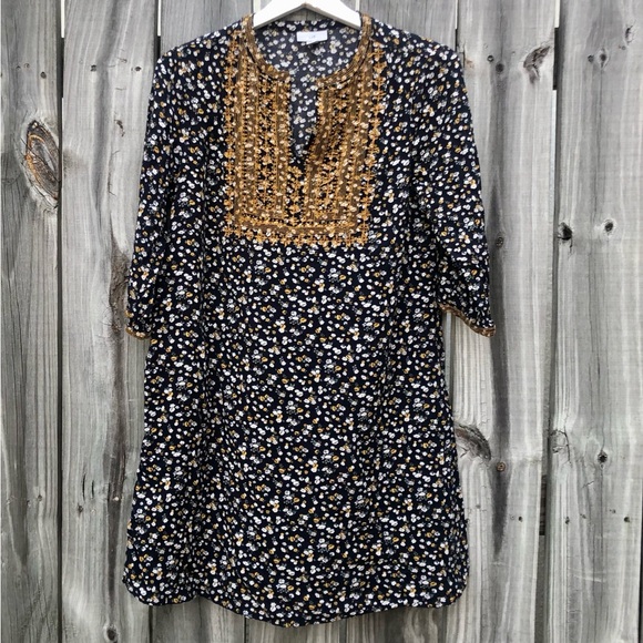 J. JILL Dress Embroidered BOHO Floral Womens Small Navy Blue Gold - Picture 4 of 12